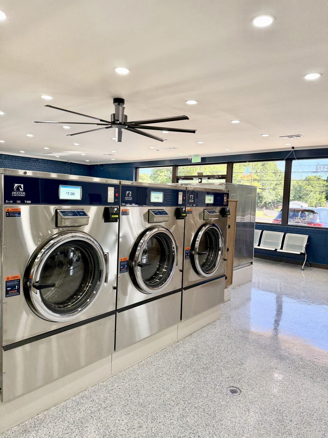 Inside Carolina Laundry in Shelby, NC: new Dexter washers, bright windows and seating
